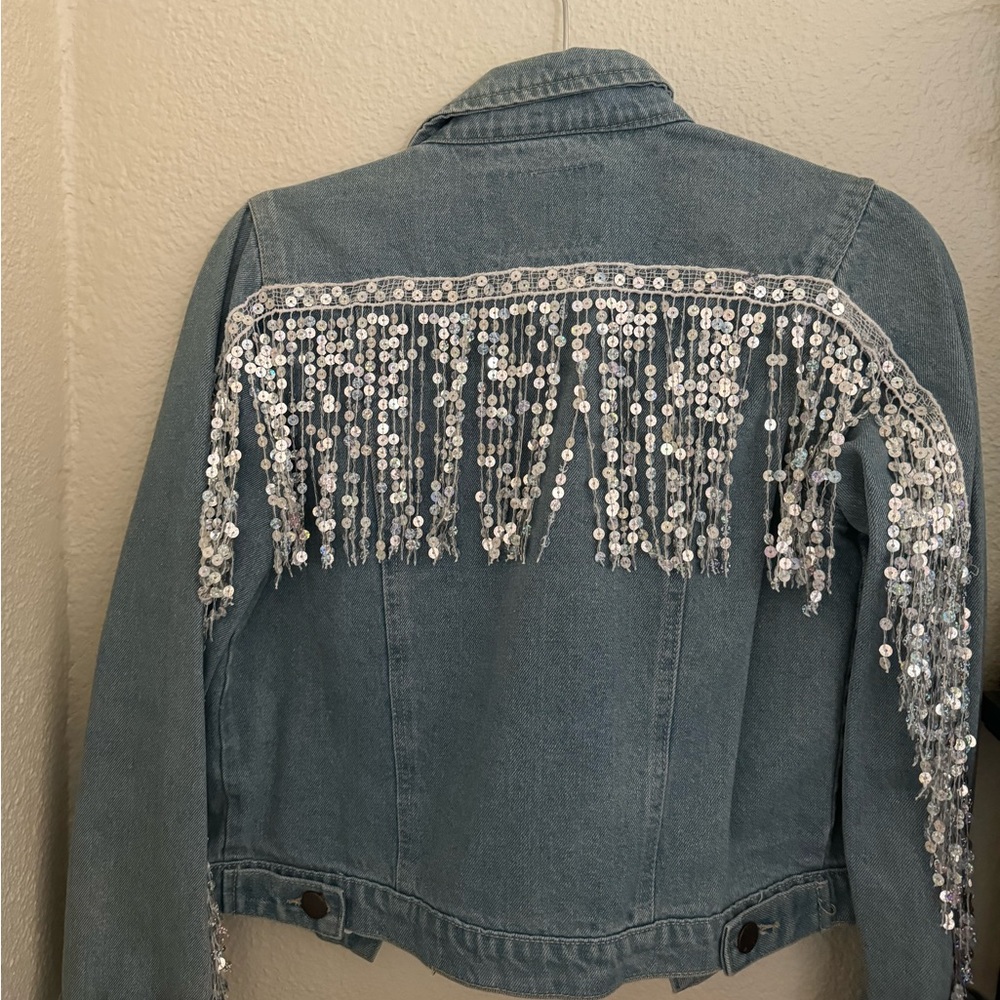 Liquor and poker sequin fringe denim jacket